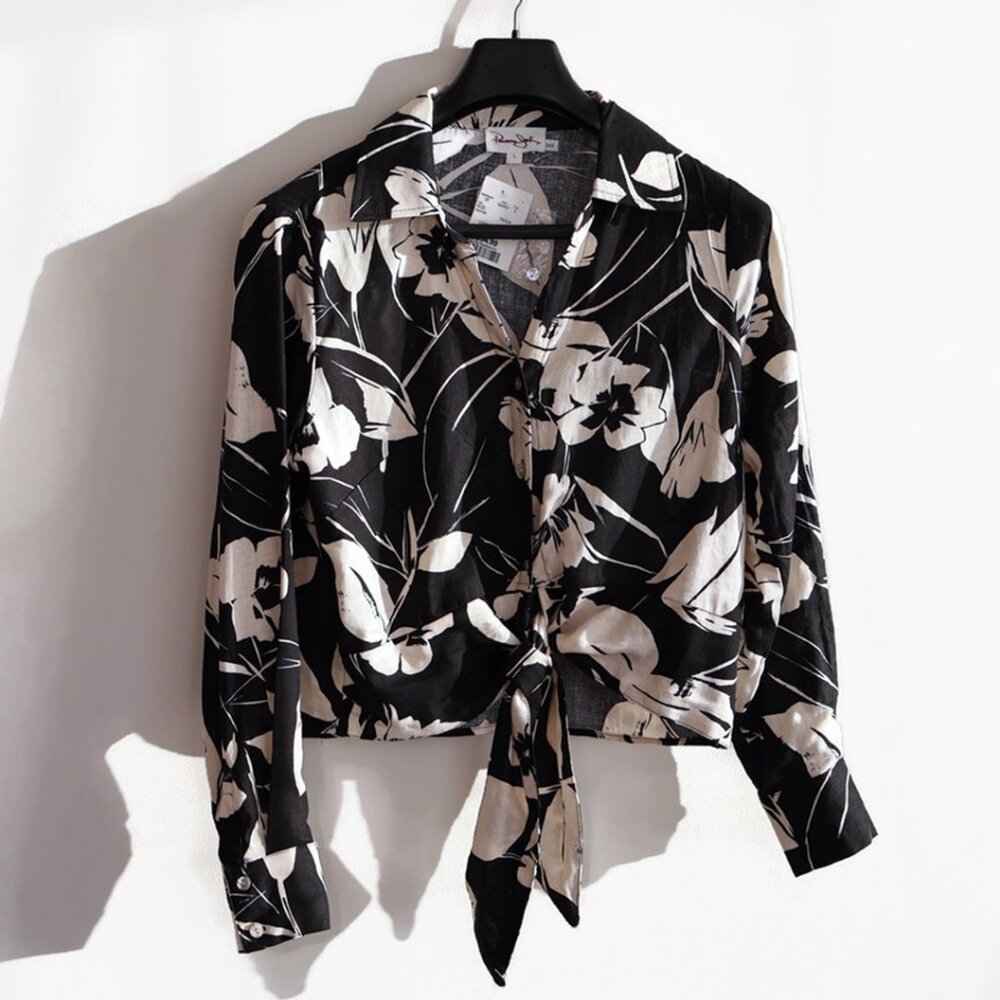NWT - Size L - Tie Front Blouse Linen/Rayon Blouse from Panama Jack - Floral